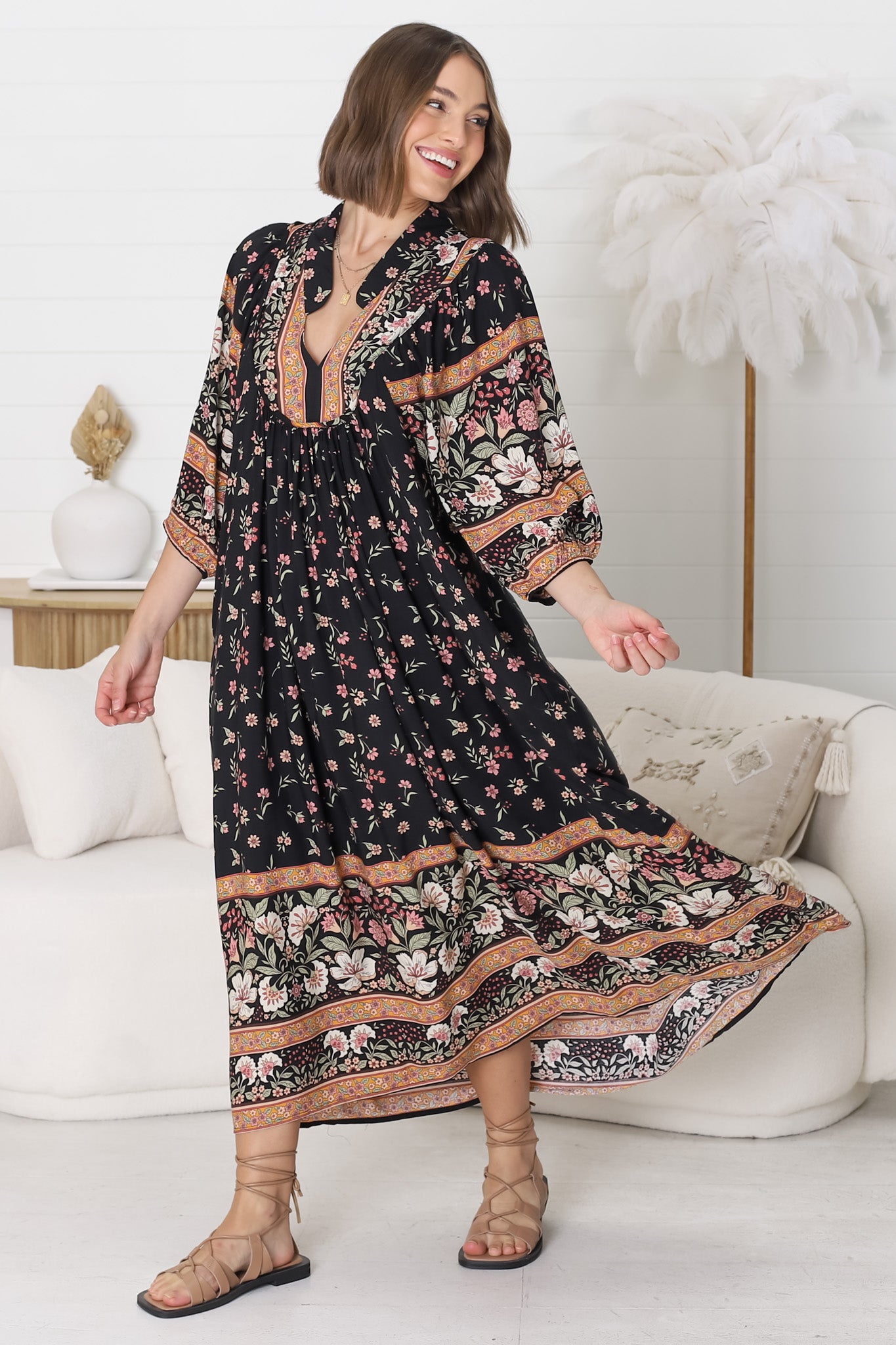 JAASE - Boheme Midi Dress: Piping Defined Bust Slimline Smock Dress In Eternity Print