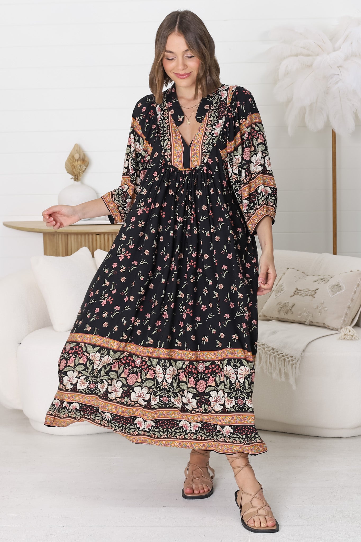 JAASE - Boheme Midi Dress: Piping Defined Bust Slimline Smock Dress In Eternity Print