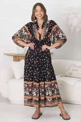 JAASE - Boheme Midi Dress: Piping Defined Bust Slimline Smock Dress In Eternity Print