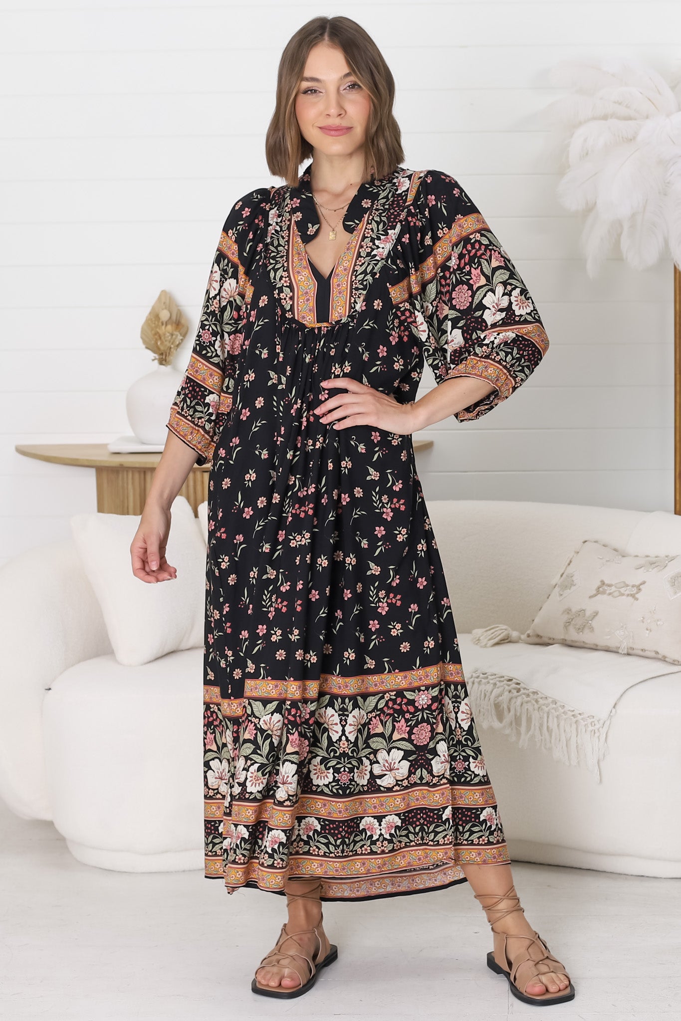 JAASE - Boheme Midi Dress: Piping Defined Bust Slimline Smock Dress In Eternity Print