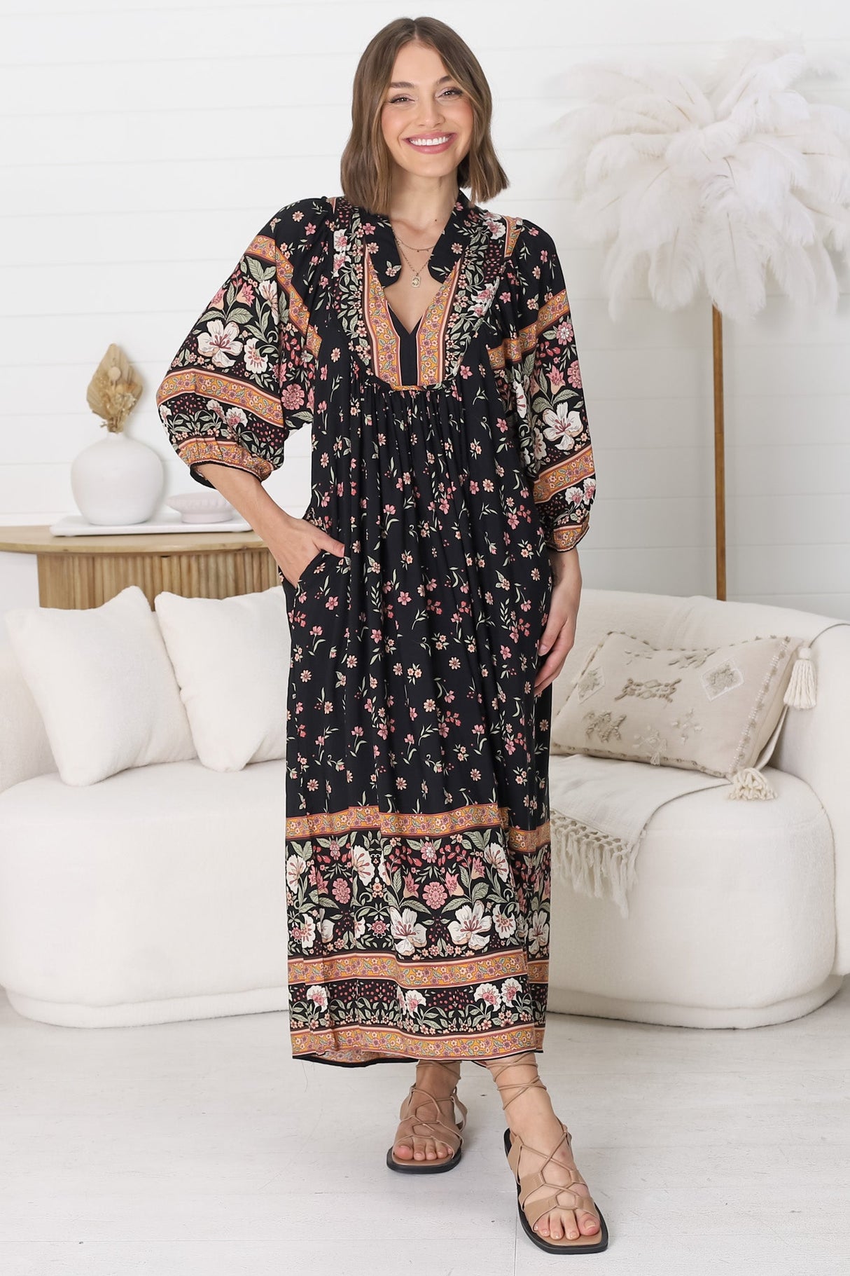 JAASE - Boheme Midi Dress: Piping Defined Bust Slimline Smock Dress In Eternity Print