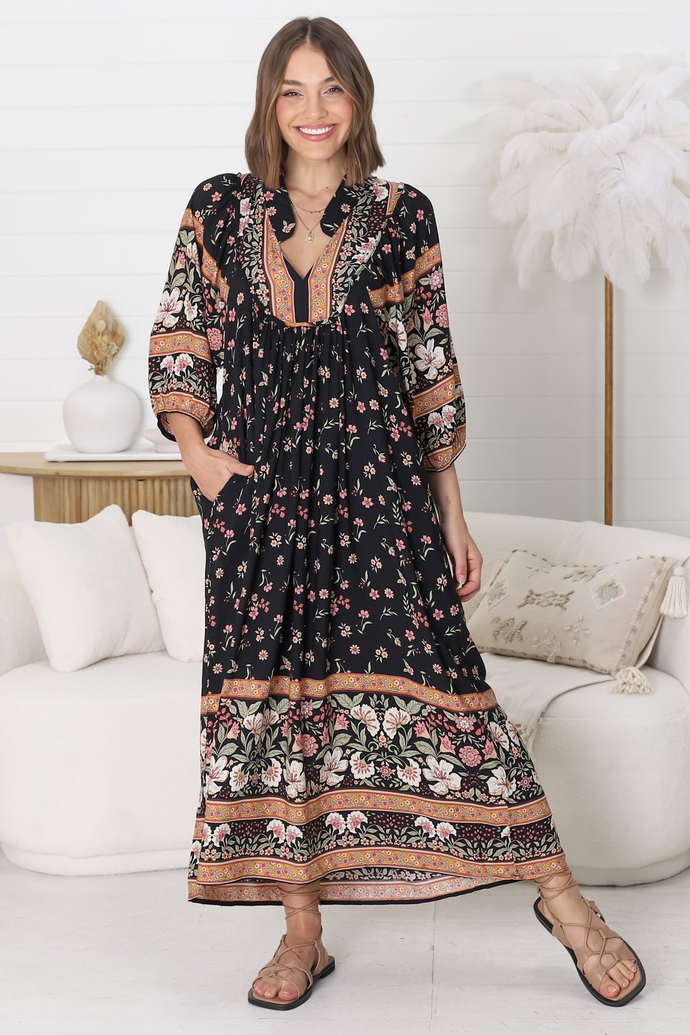 JAASE - Boheme Midi Dress: Piping Defined Bust Slimline Smock Dress In Eternity Print