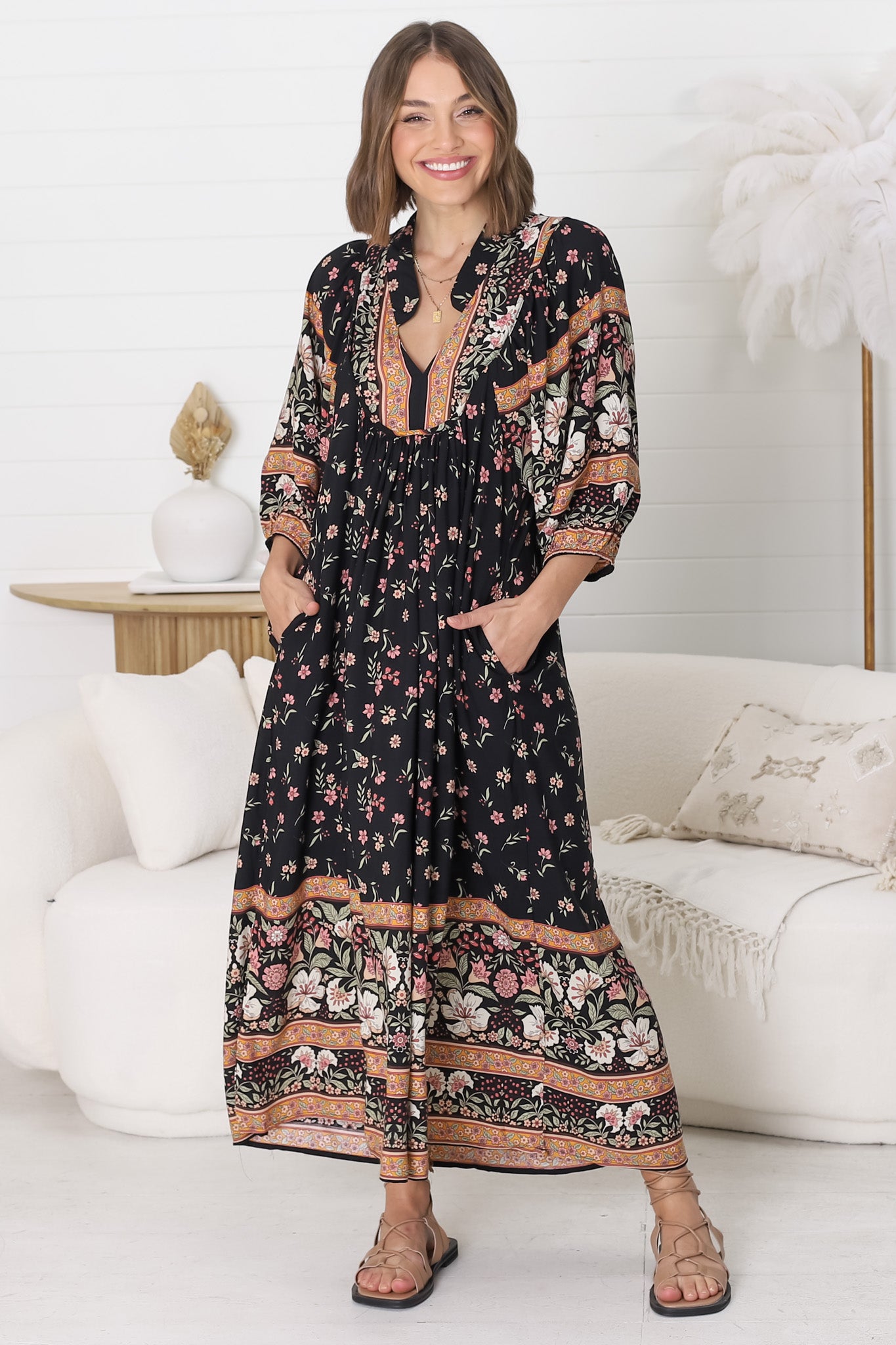 JAASE - Boheme Midi Dress: Piping Defined Bust Slimline Smock Dress In Eternity Print