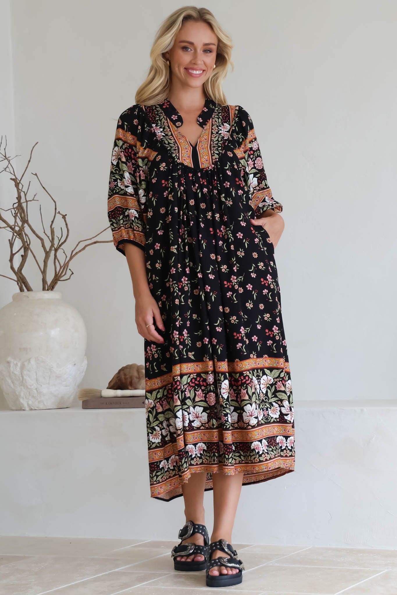 Boheme Midi Dress Piping Defined Bust Slimline Smock Dress Eternity Print