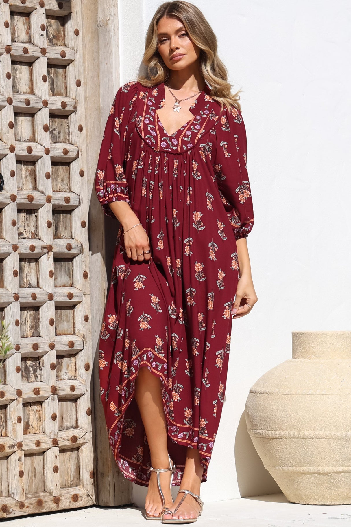 JAASE - Boheme Midi Dress: Piping Defined Bust 3/4 Sleeve Smock Dress in Grenache Print