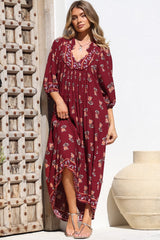JAASE - Boheme Midi Dress: Piping Defined Bust 3/4 Sleeve Smock Dress in Grenache Print
