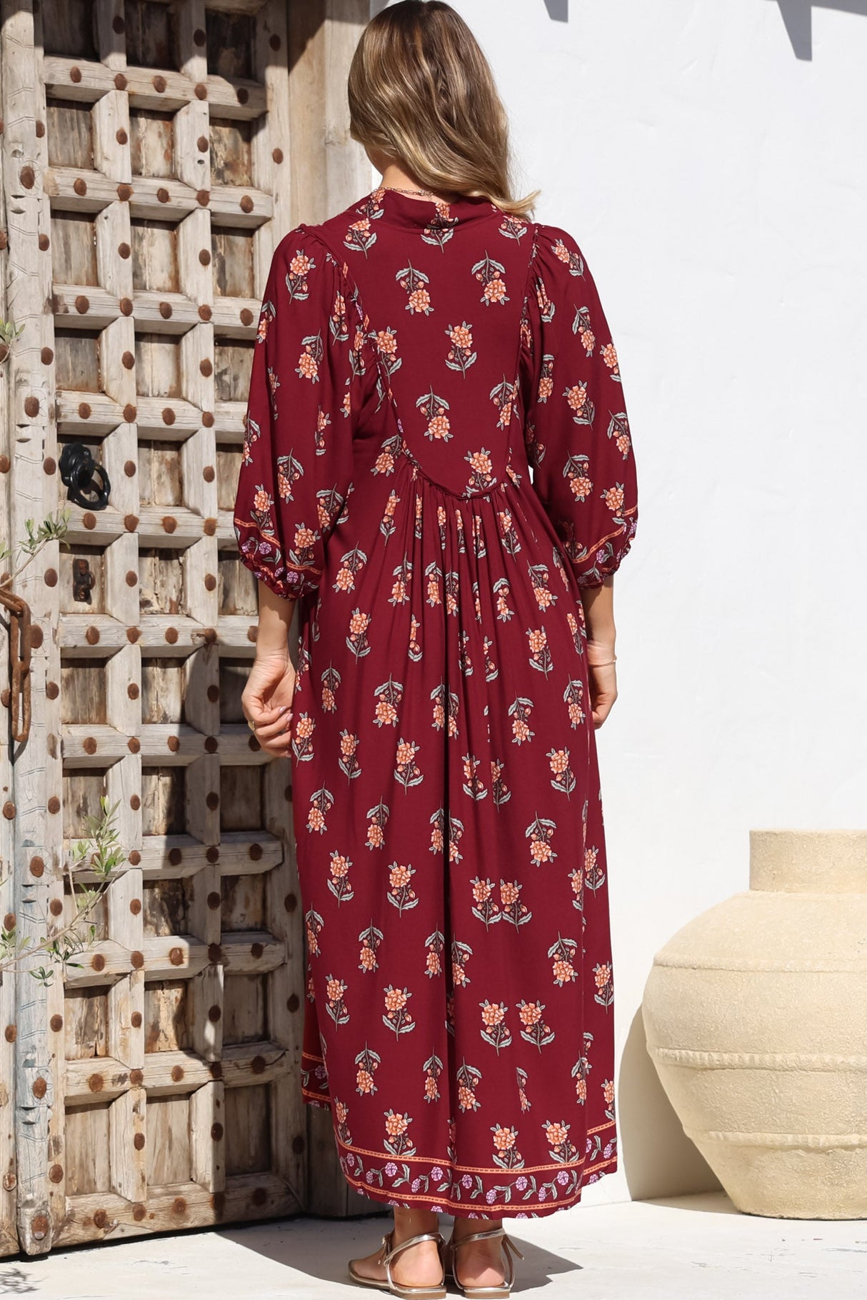 JAASE - Boheme Midi Dress: Piping Defined Bust 3/4 Sleeve Smock Dress in Grenache Print
