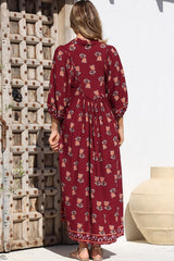 JAASE - Boheme Midi Dress: Piping Defined Bust 3/4 Sleeve Smock Dress in Grenache Print