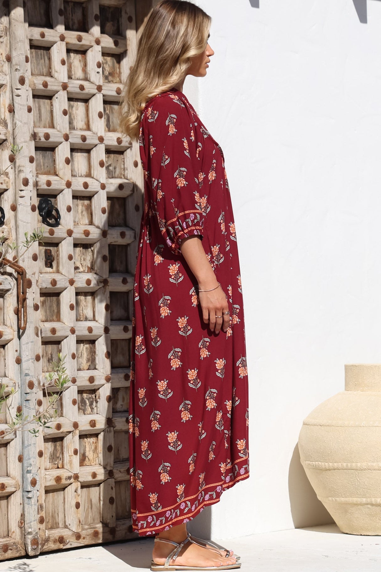 JAASE - Boheme Midi Dress: Piping Defined Bust 3/4 Sleeve Smock Dress in Grenache Print