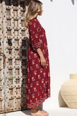 JAASE - Boheme Midi Dress: Piping Defined Bust 3/4 Sleeve Smock Dress in Grenache Print