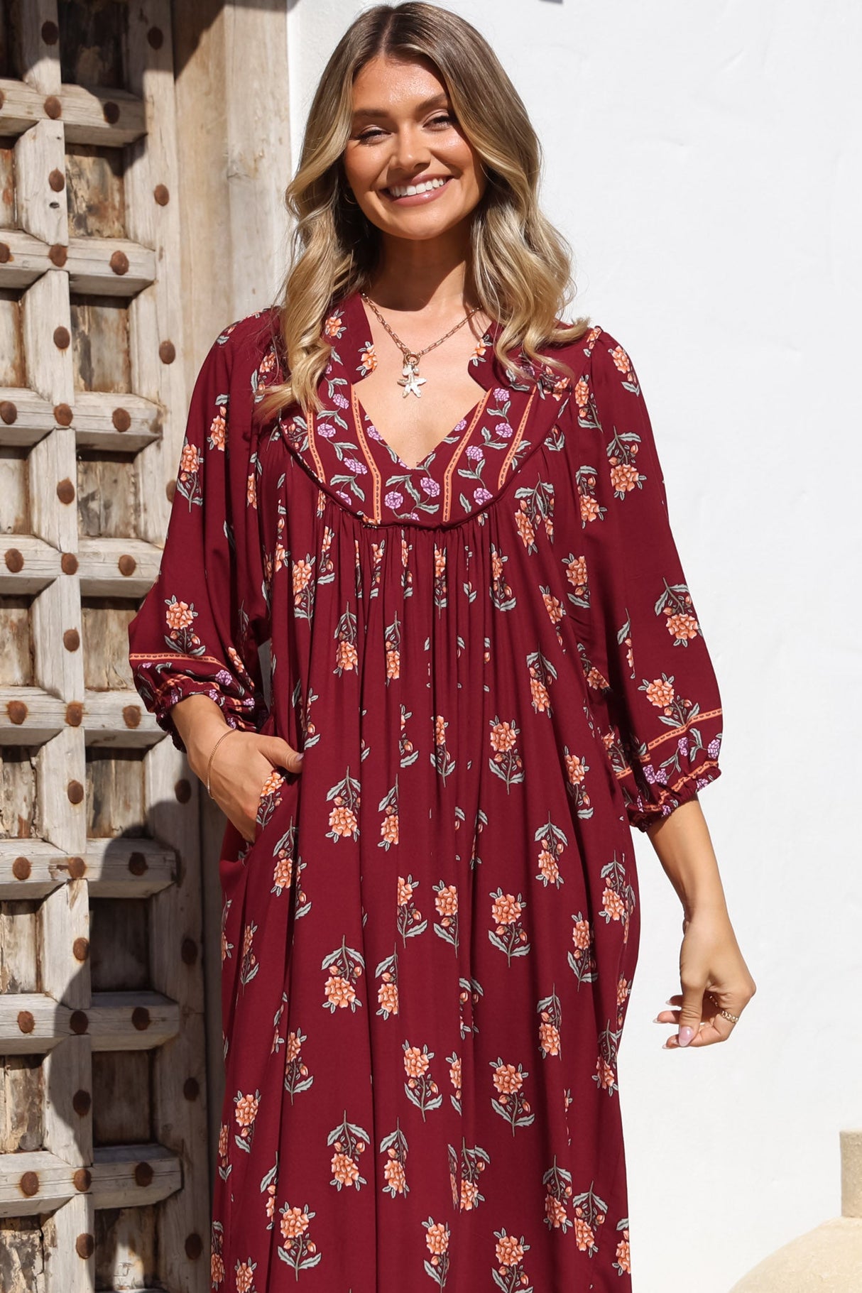 JAASE - Boheme Midi Dress: Piping Defined Bust 3/4 Sleeve Smock Dress in Grenache Print