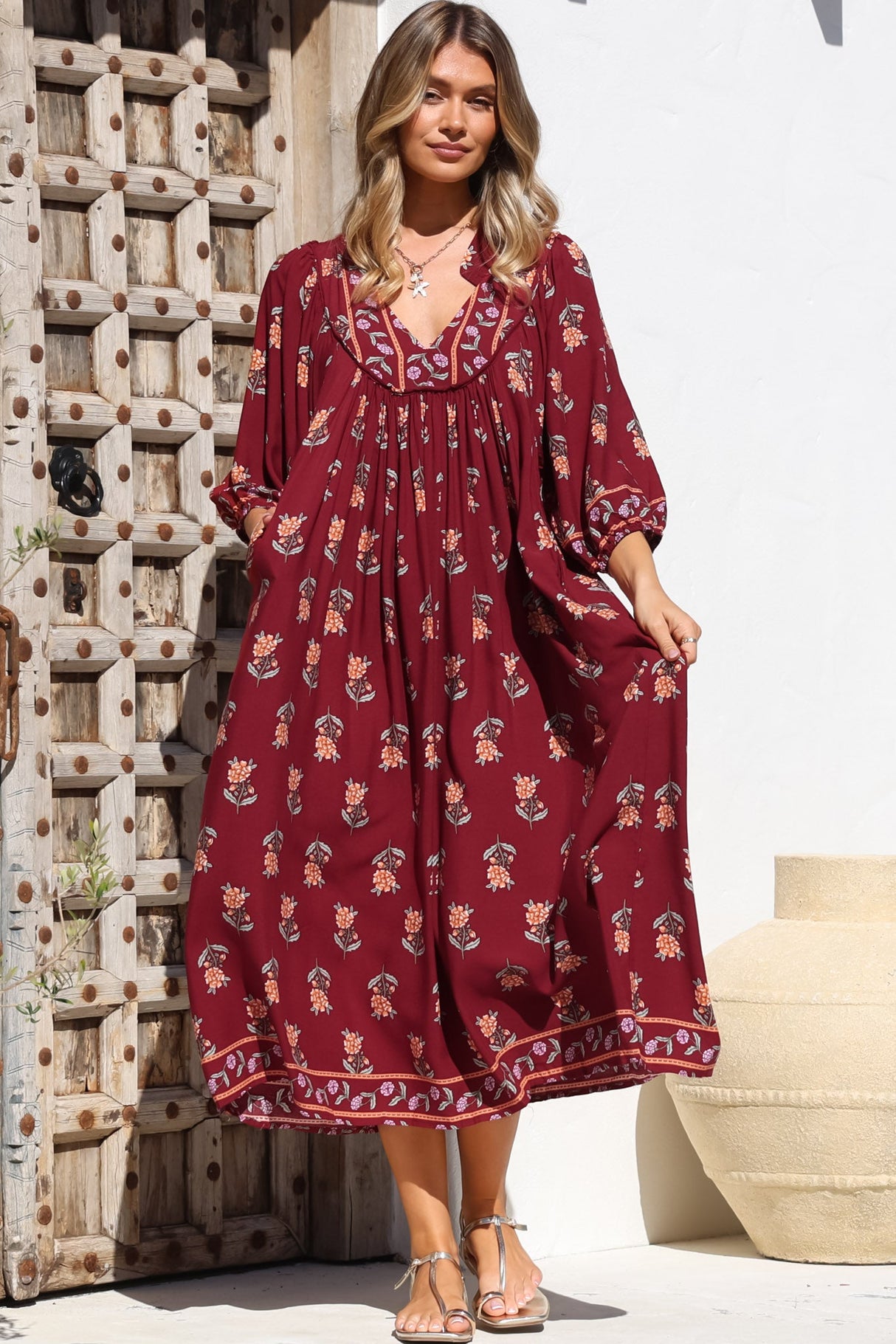 JAASE - Boheme Midi Dress: Piping Defined Bust 3/4 Sleeve Smock Dress in Grenache Print