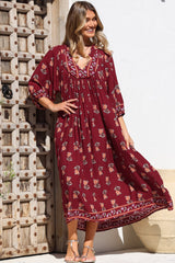 JAASE - Boheme Midi Dress: Piping Defined Bust 3/4 Sleeve Smock Dress in Grenache Print