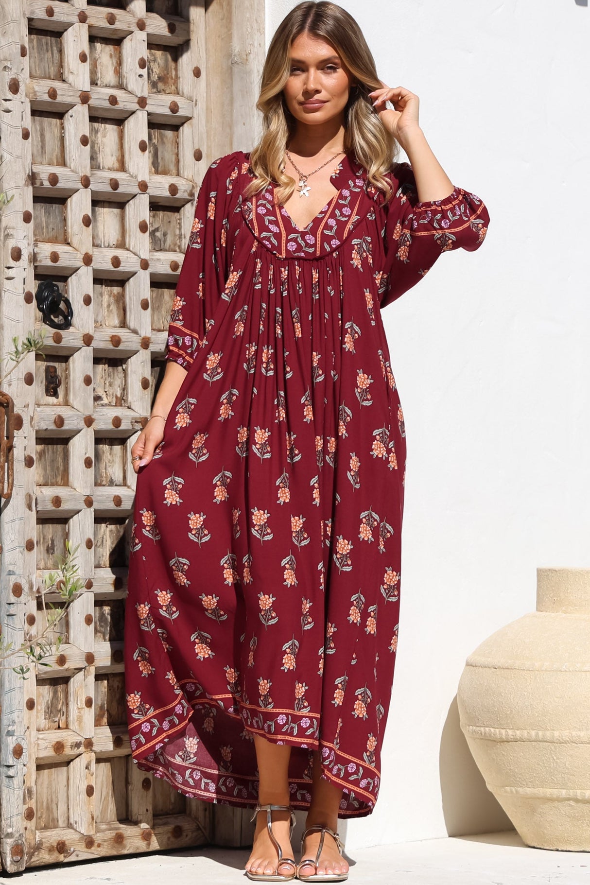 JAASE - Boheme Midi Dress: Piping Defined Bust 3/4 Sleeve Smock Dress in Grenache Print