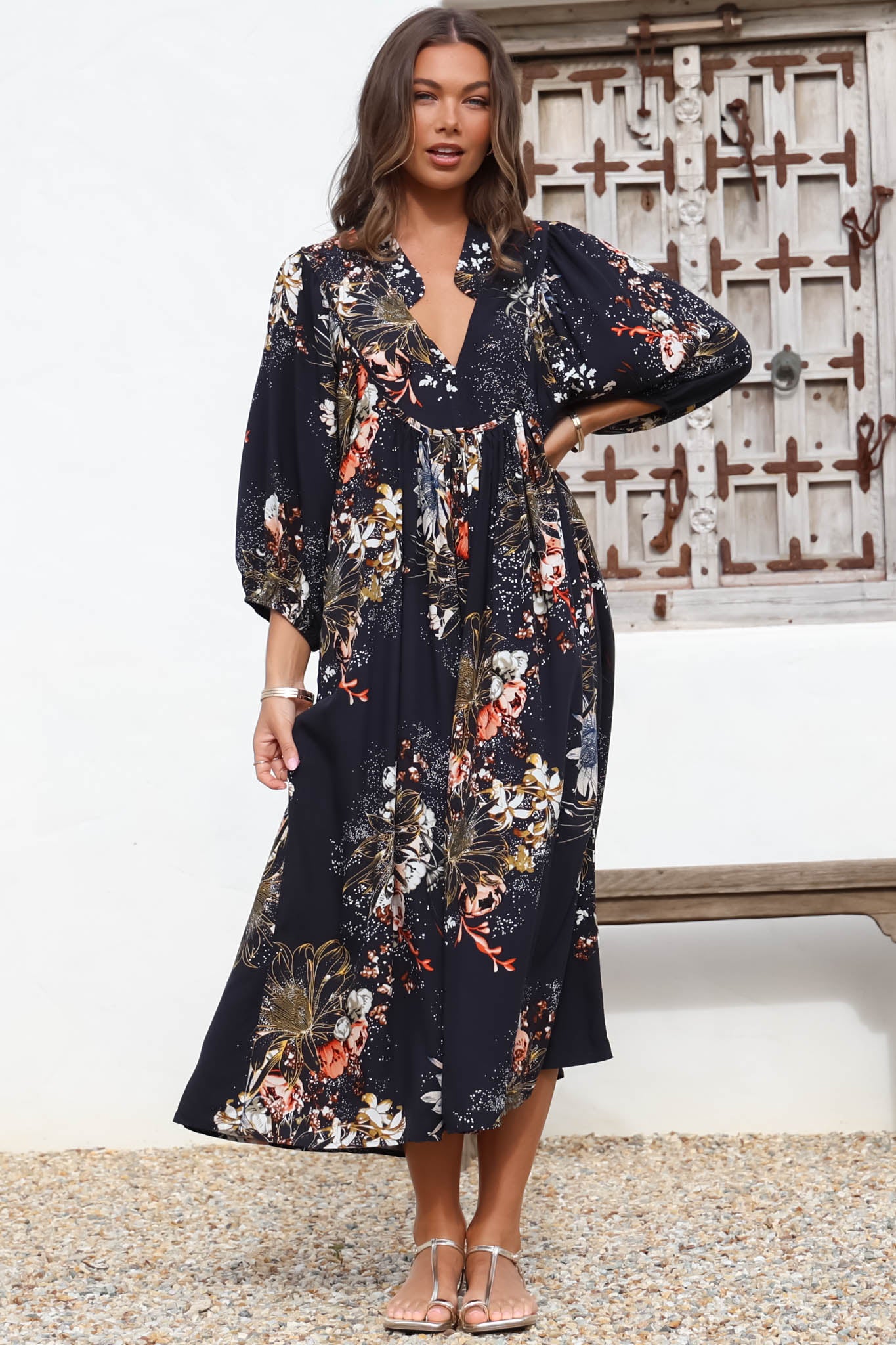 Boheme Midi Dress Piping Defined Bust Slimline Smock Dress Print