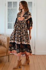 JAASE - Boheme Midi Dress: Piping Defined Bust Slimline Smock Dress in Jardin Print