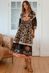 JAASE - Boheme Midi Dress: Piping Defined Bust Slimline Smock Dress in Jardin Print