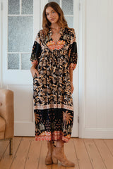 JAASE - Boheme Midi Dress: Piping Defined Bust Slimline Smock Dress in Jardin Print