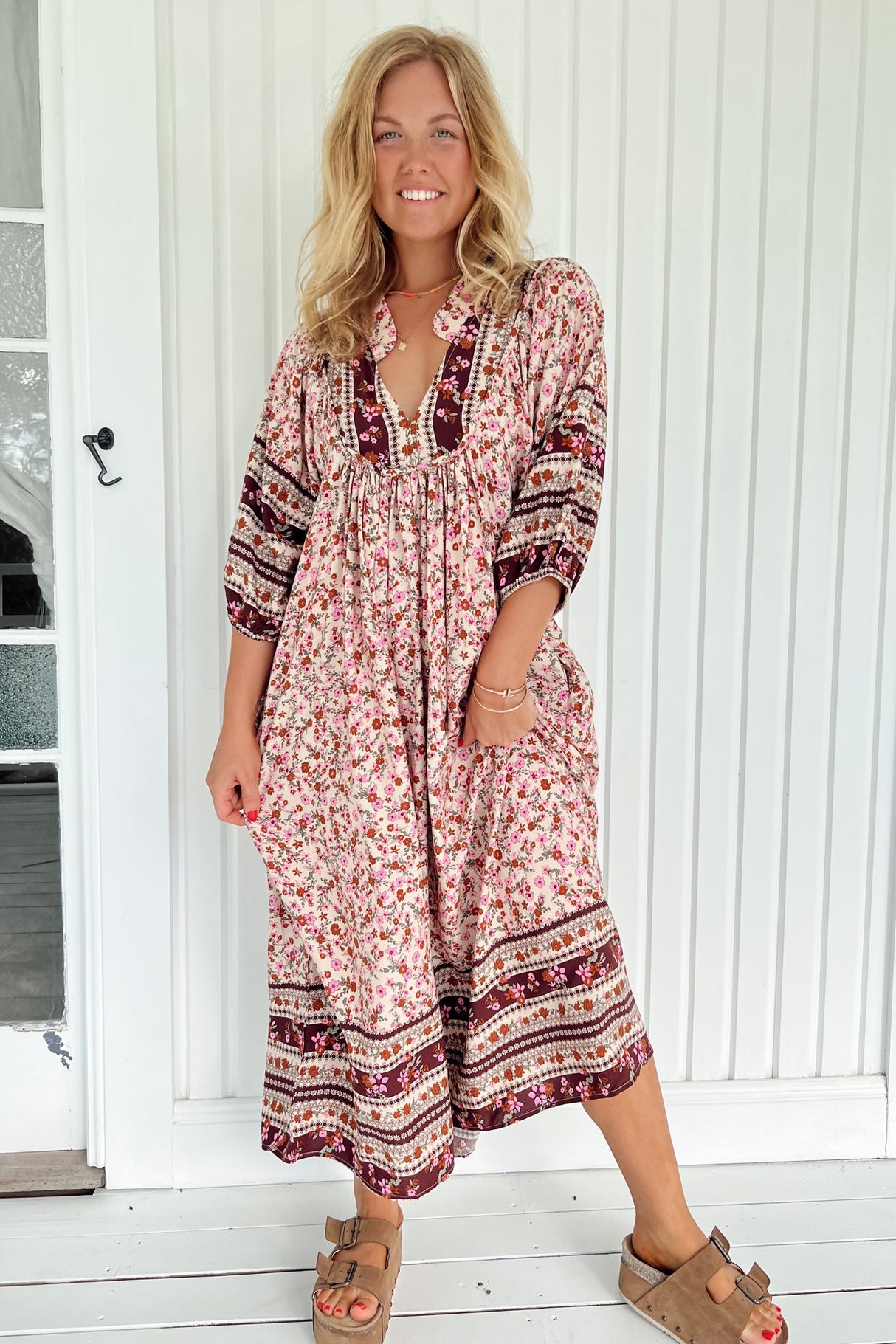 JAASE - Boheme Midi Dress: Piping Defined Bust Slimline Smock Dress in Madelene Print