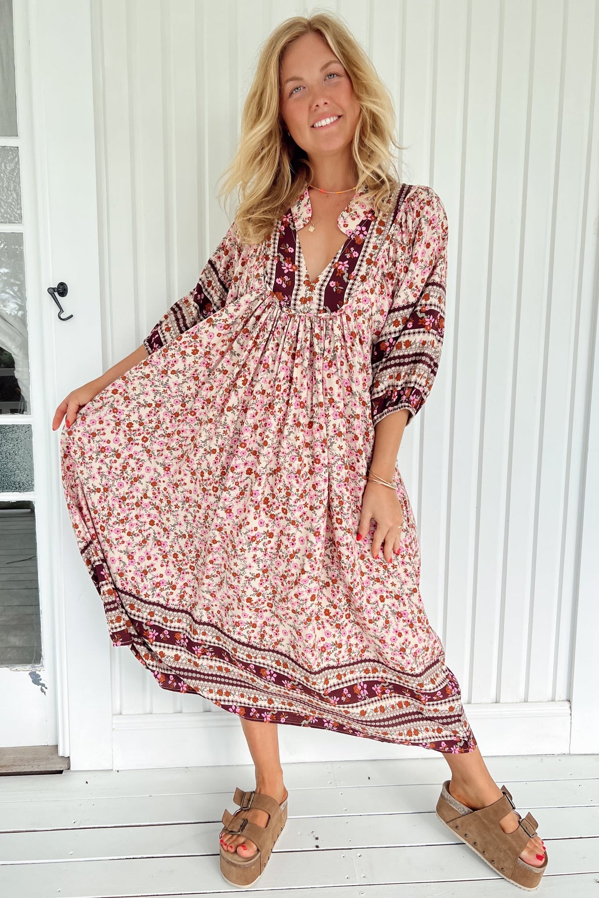 JAASE - Boheme Midi Dress: Piping Defined Bust Slimline Smock Dress in Madelene Print