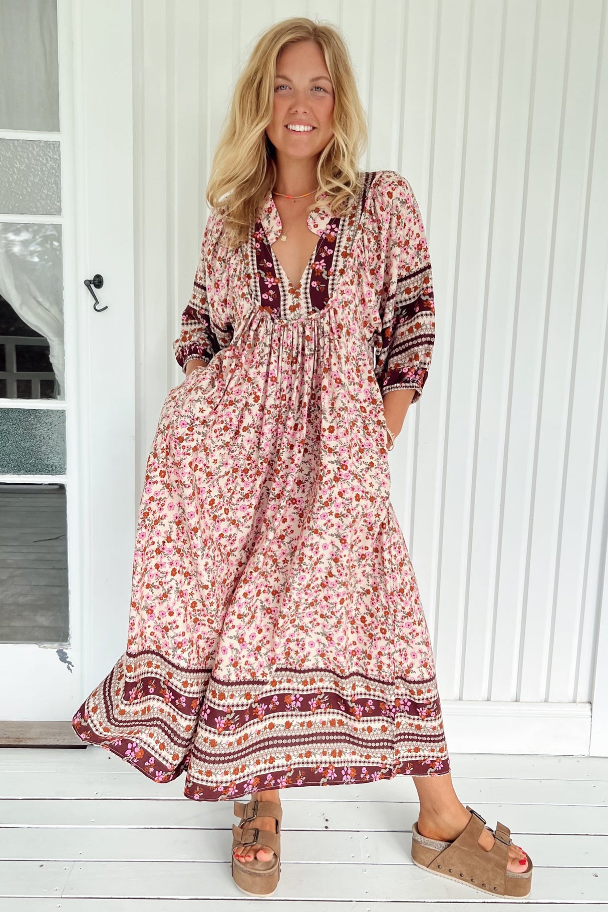 JAASE - Boheme Midi Dress: Piping Defined Bust Slimline Smock Dress in Madelene Print