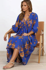 Boheme Midi Dress - Piping Defined Bust Slimline Smock Dress In Maribella Print