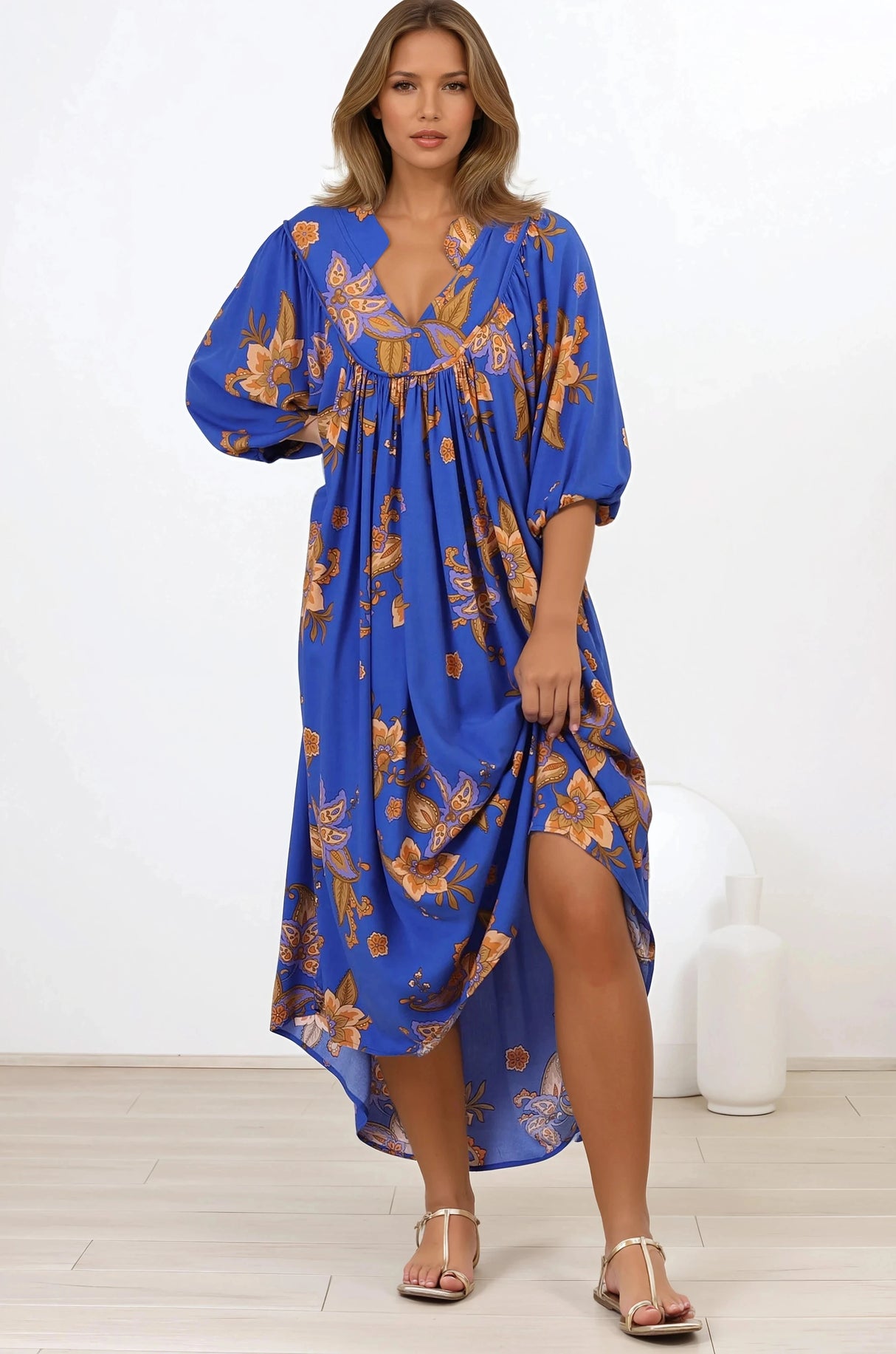 Boheme Midi Dress - Piping Defined Bust Slimline Smock Dress In Maribella Print