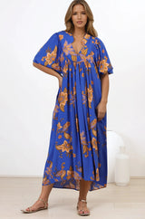 Boheme Midi Dress - Piping Defined Bust Slimline Smock Dress In Maribella Print