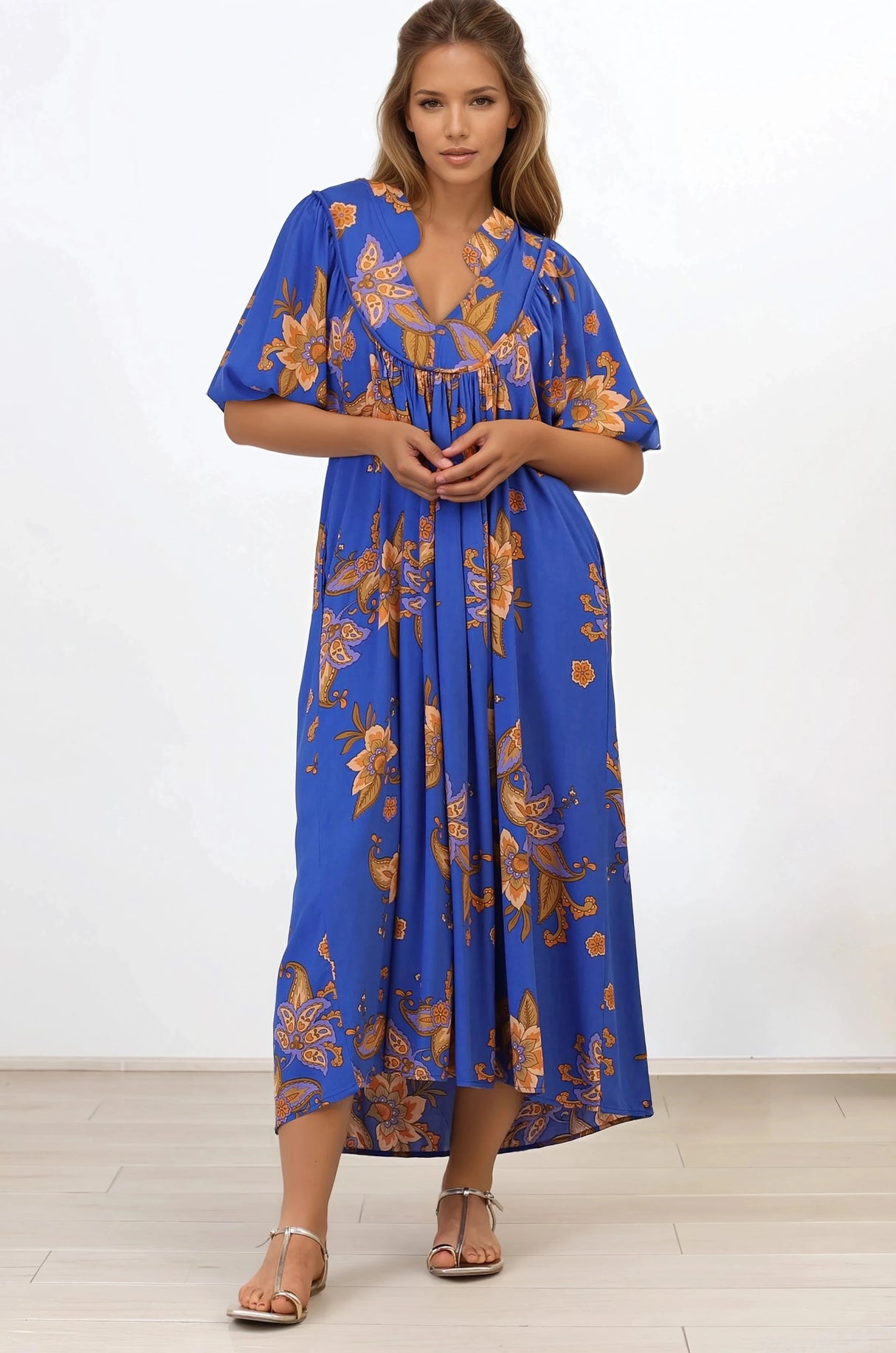 Boheme Midi Dress - Piping Defined Bust Slimline Smock Dress In Maribella Print