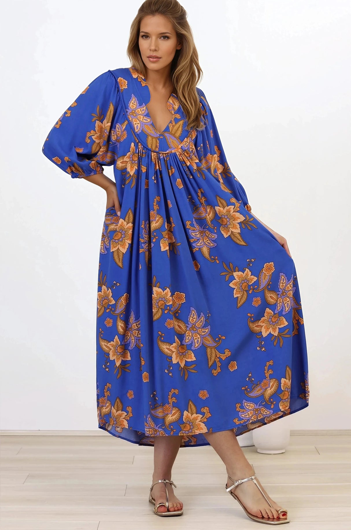 Boheme Midi Dress - Piping Defined Bust Slimline Smock Dress In Maribella Print