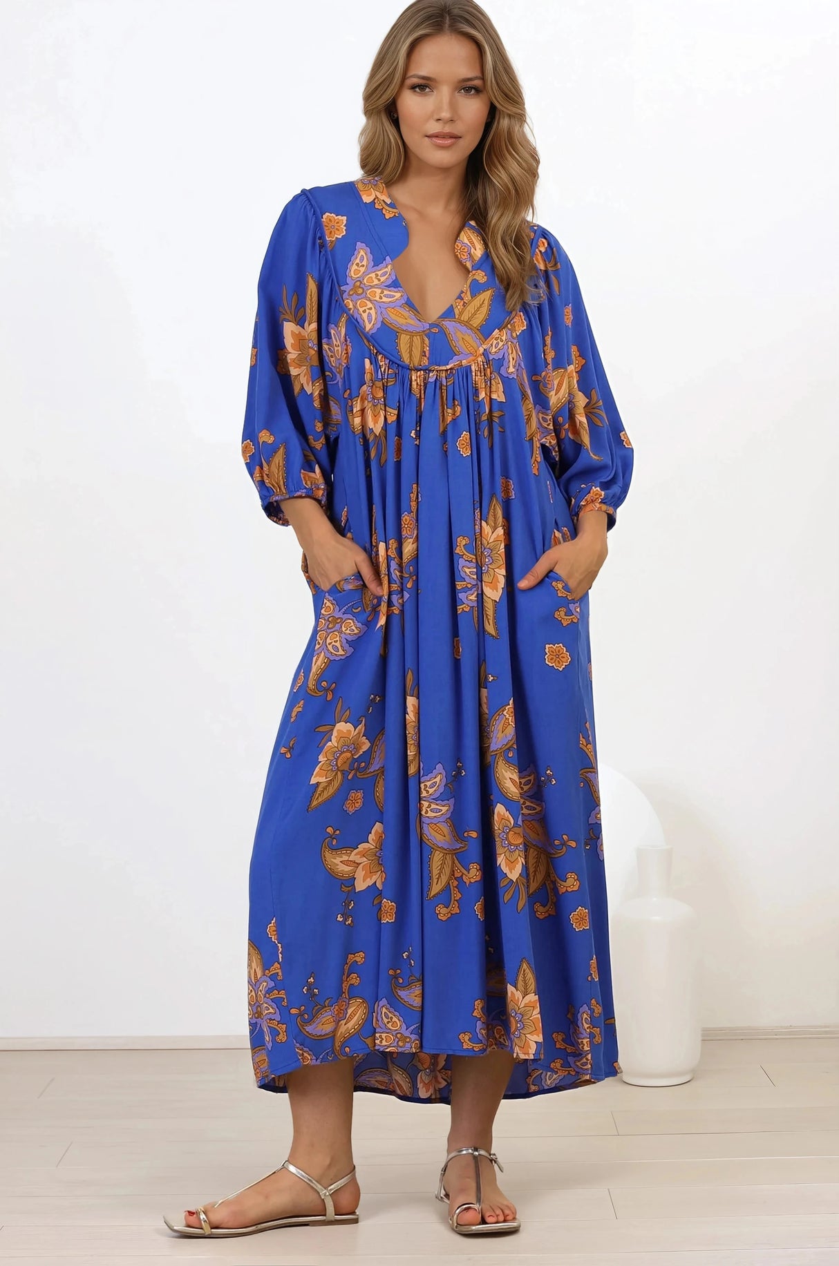 Boheme Midi Dress - Piping Defined Bust Slimline Smock Dress In Maribella Print