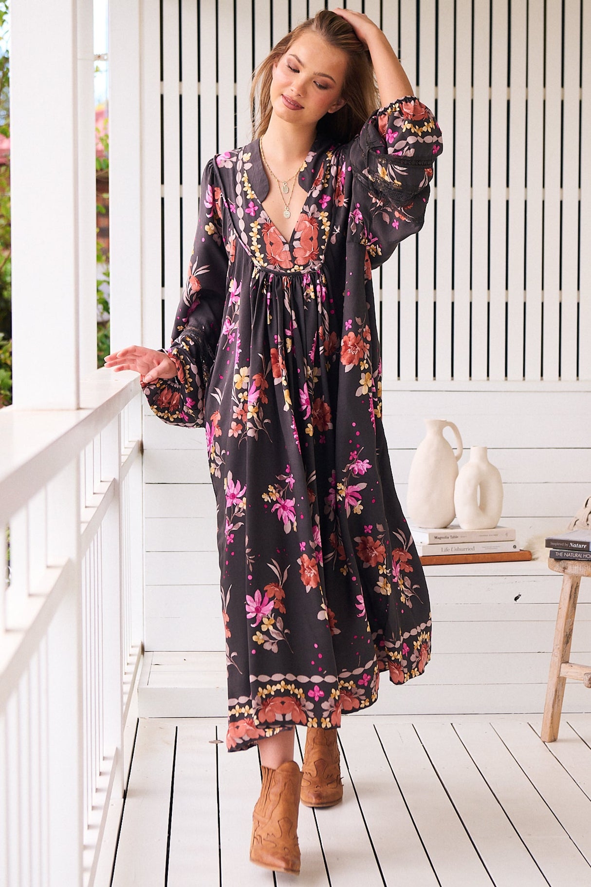 JAASE - Boheme Midi Dress: Long Sleeve Piping Defined Bust Slimline Smock Dress in Monarch Bloom Print