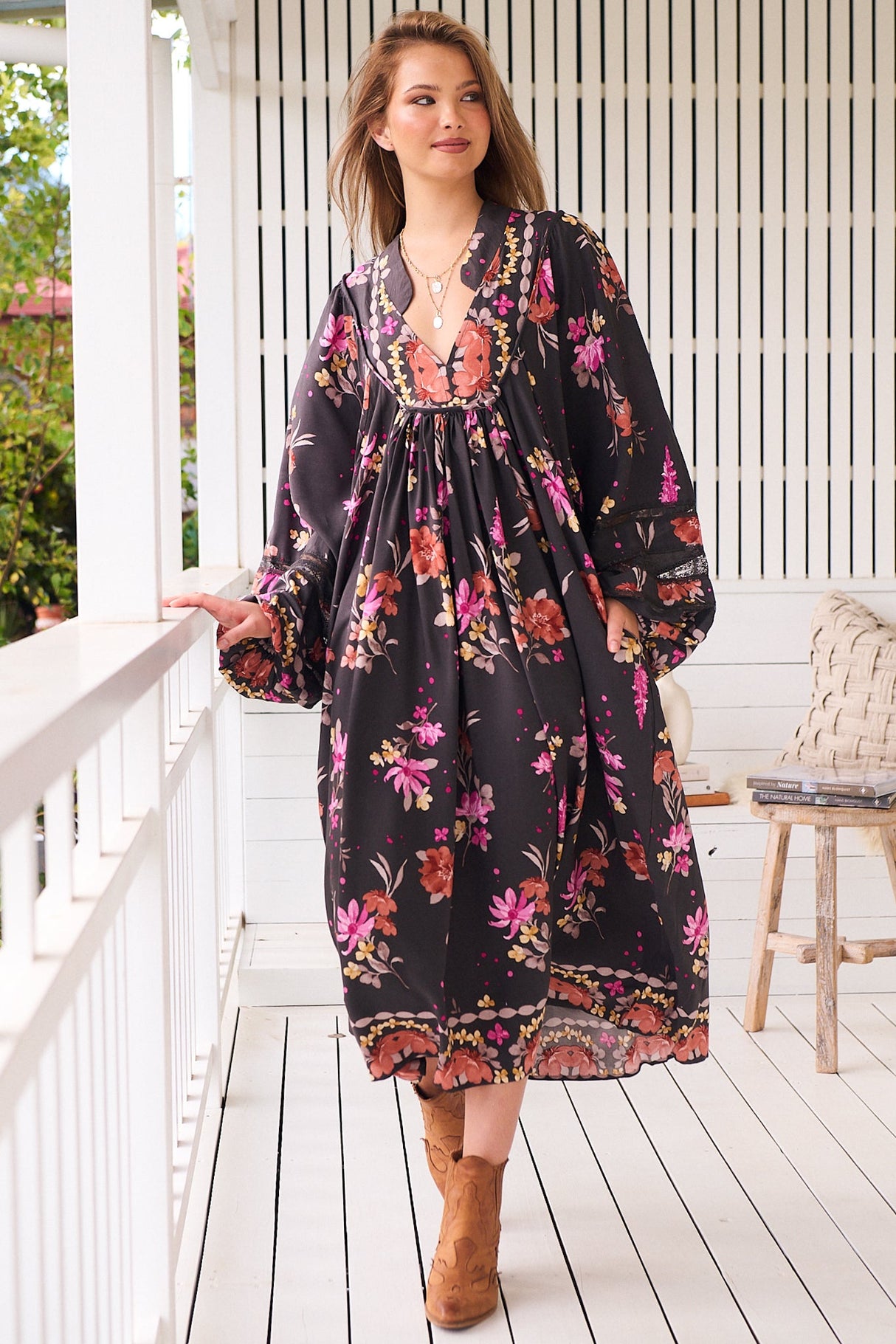 JAASE - Boheme Midi Dress: Long Sleeve Piping Defined Bust Slimline Smock Dress in Monarch Bloom Print