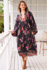 JAASE - Boheme Midi Dress: Long Sleeve Piping Defined Bust Slimline Smock Dress in Monarch Bloom Print