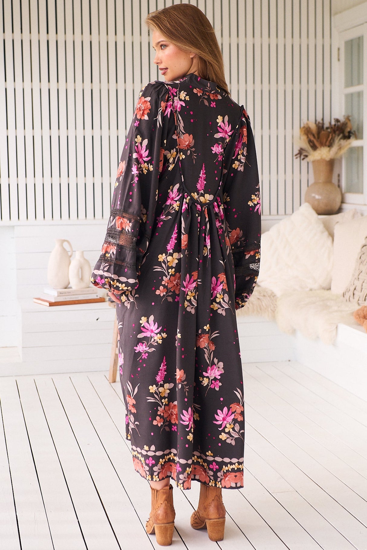 JAASE - Boheme Midi Dress: Long Sleeve Piping Defined Bust Slimline Smock Dress in Monarch Bloom Print