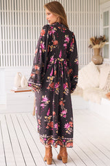 JAASE - Boheme Midi Dress: Long Sleeve Piping Defined Bust Slimline Smock Dress in Monarch Bloom Print