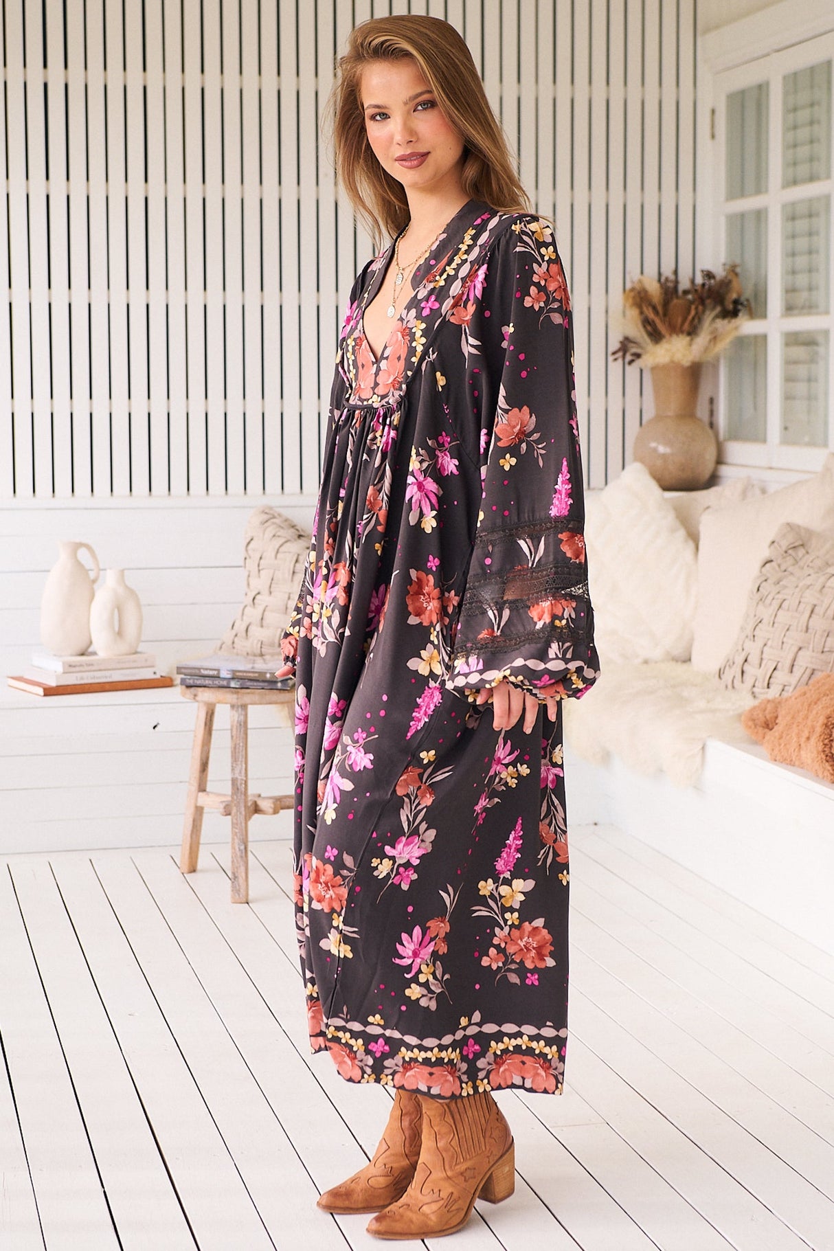 JAASE - Boheme Midi Dress: Long Sleeve Piping Defined Bust Slimline Smock Dress in Monarch Bloom Print