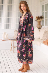 JAASE - Boheme Midi Dress: Long Sleeve Piping Defined Bust Slimline Smock Dress in Monarch Bloom Print