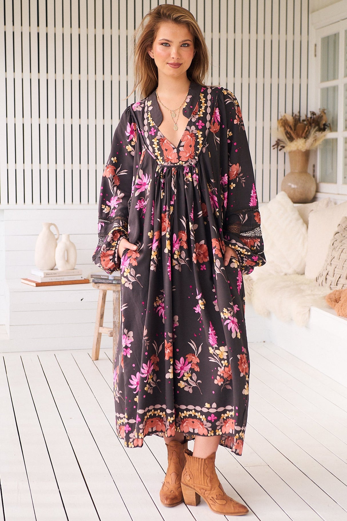 JAASE - Boheme Midi Dress: Long Sleeve Piping Defined Bust Slimline Smock Dress in Monarch Bloom Print