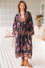 JAASE - Boheme Midi Dress: Long Sleeve Piping Defined Bust Slimline Smock Dress in Monarch Bloom Print