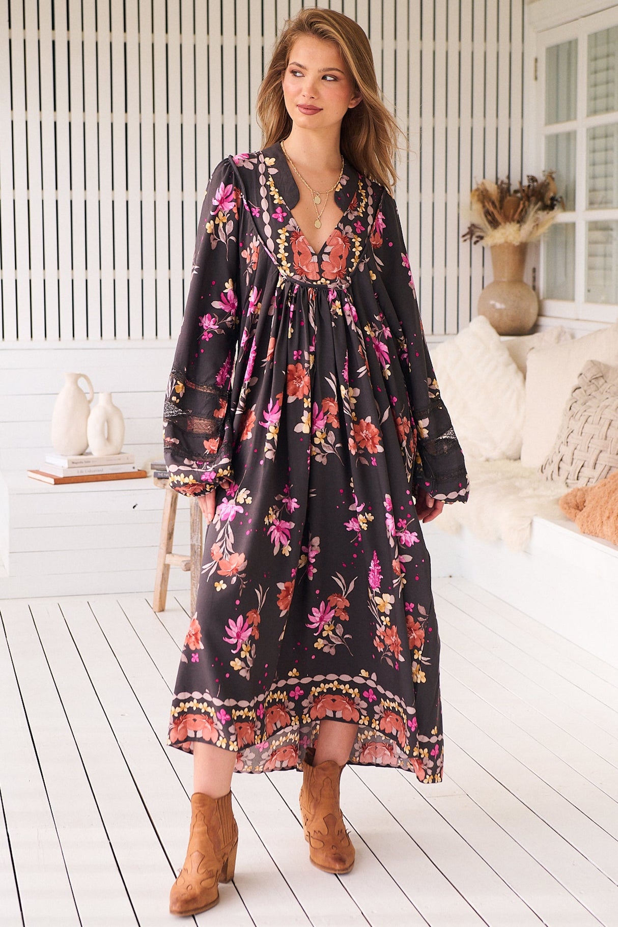JAASE - Boheme Midi Dress: Long Sleeve Piping Defined Bust Slimline Smock Dress in Monarch Bloom Print