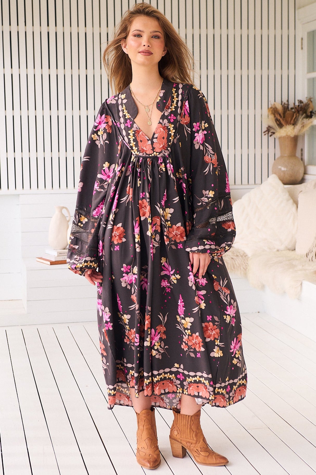 JAASE - Boheme Midi Dress: Long Sleeve Piping Defined Bust Slimline Smock Dress in Monarch Bloom Print