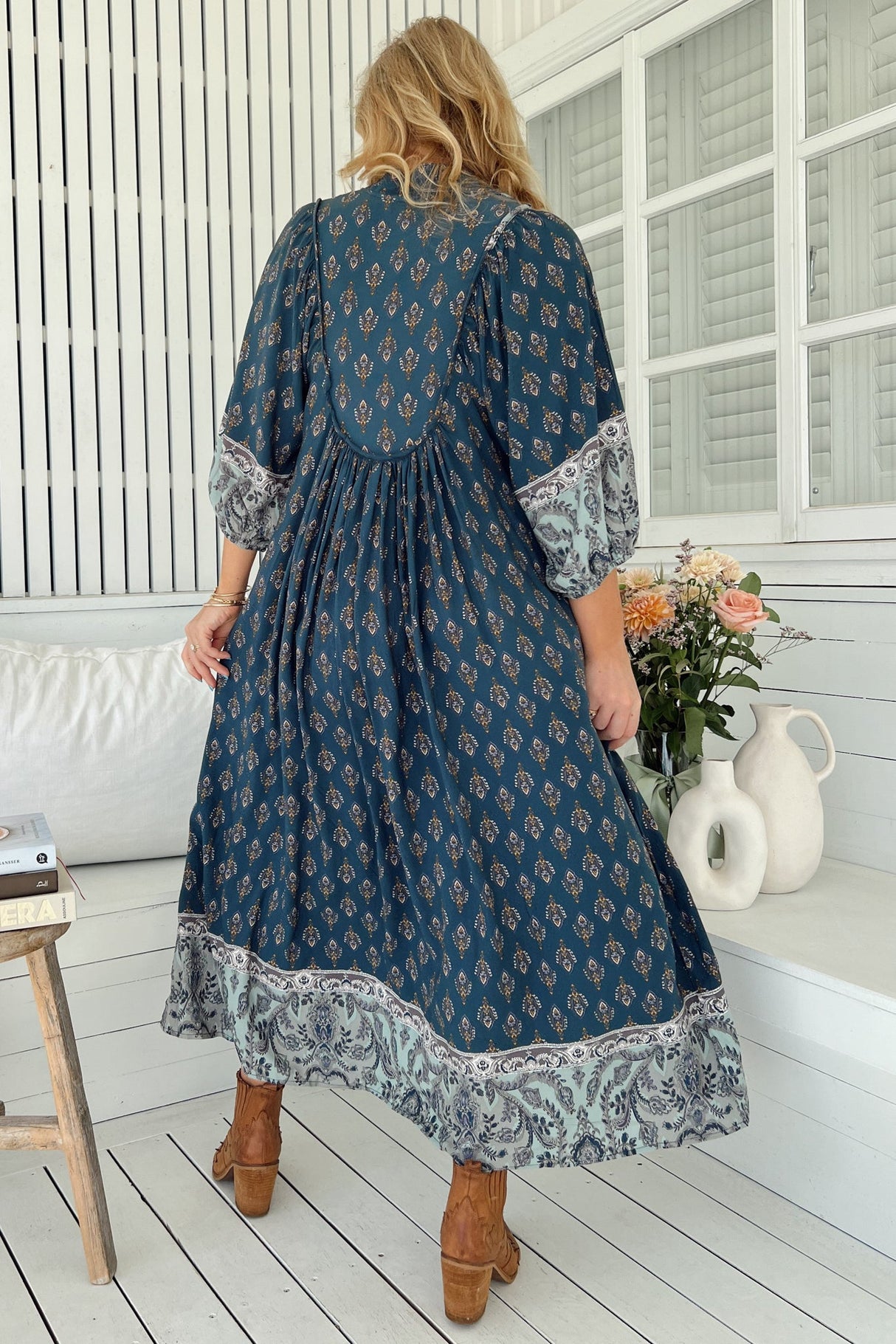 JAASE - Boheme Midi Dress: Piping Defined Bust Slimline Smock Dress in Nico Print