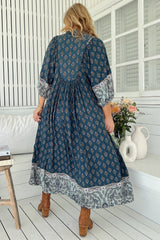 JAASE - Boheme Midi Dress: Piping Defined Bust Slimline Smock Dress in Nico Print