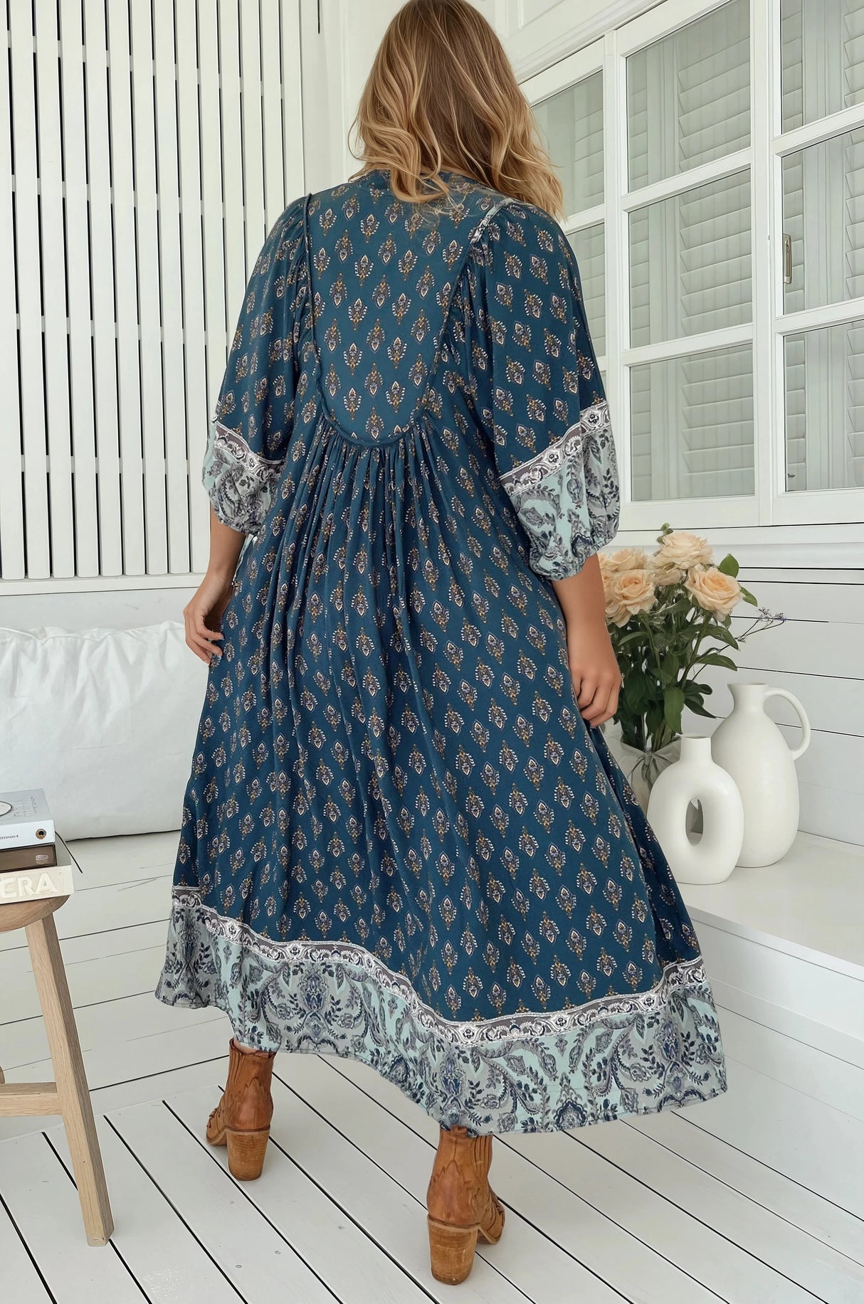 JAASE - Boheme Midi Dress: Piping Defined Bust Slimline Smock Dress in Nico Print
