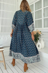 JAASE - Boheme Midi Dress: Piping Defined Bust Slimline Smock Dress in Nico Print