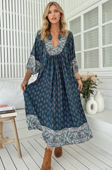 JAASE - Boheme Midi Dress: Piping Defined Bust Slimline Smock Dress in Nico Print