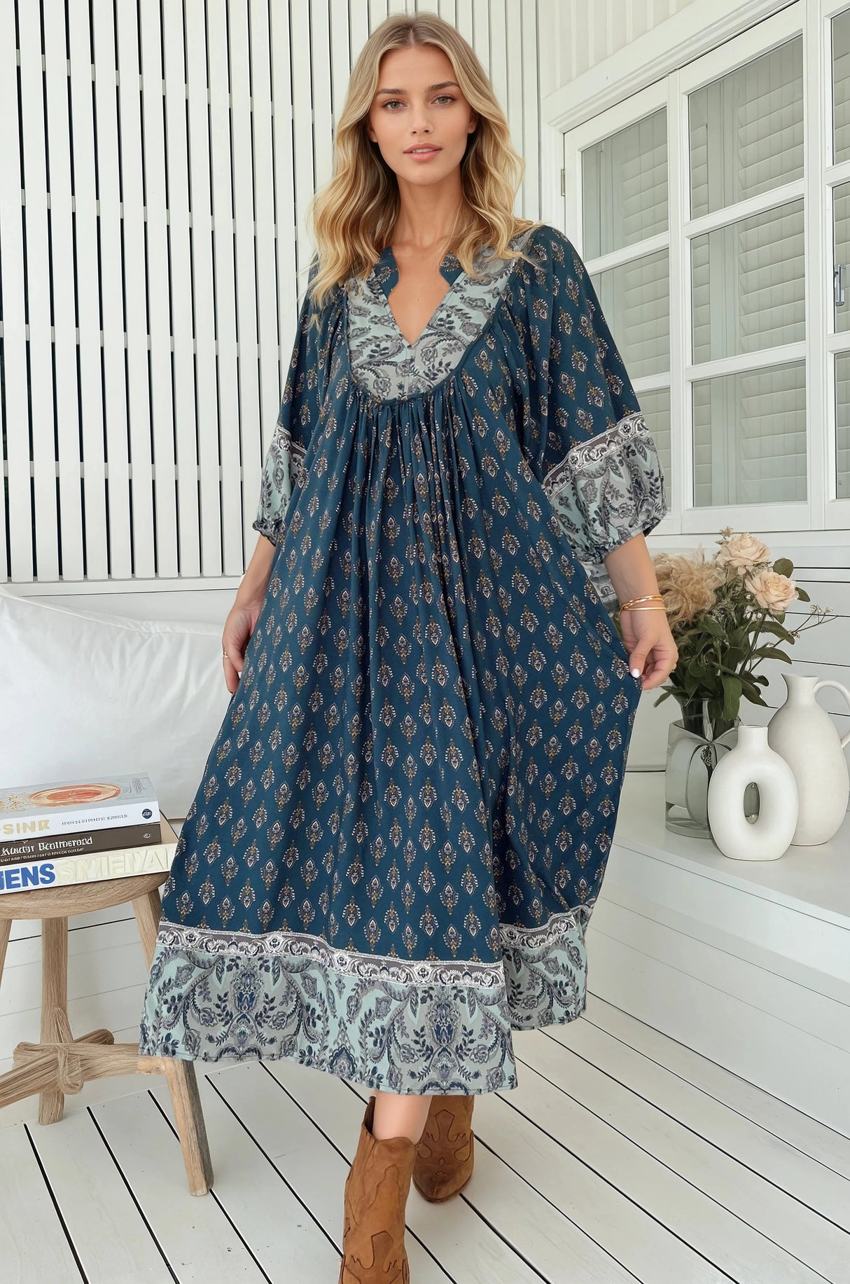 JAASE - Boheme Midi Dress: Piping Defined Bust Slimline Smock Dress in Nico Print