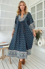 JAASE - Boheme Midi Dress: Piping Defined Bust Slimline Smock Dress in Nico Print