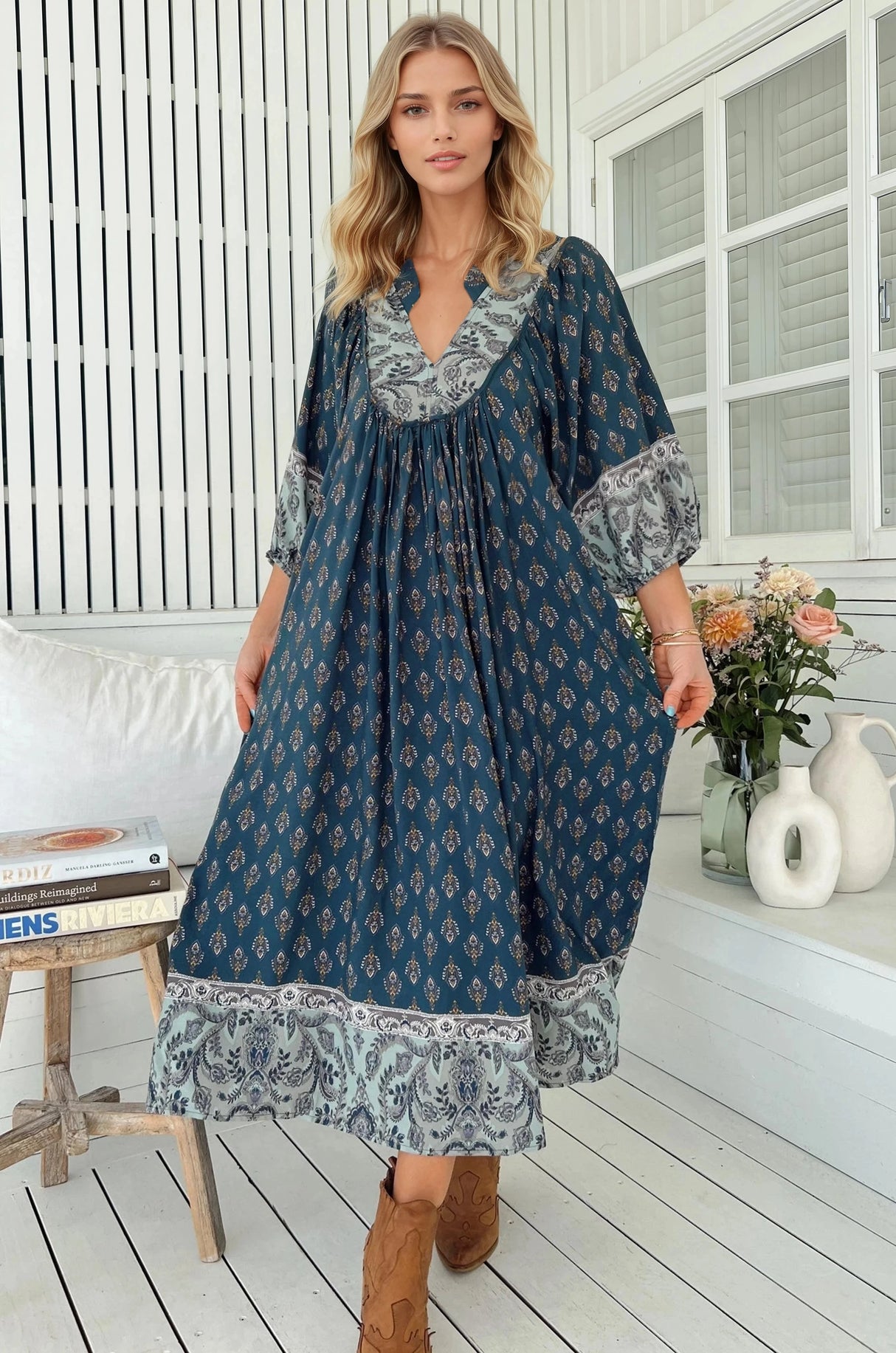 JAASE - Boheme Midi Dress: Piping Defined Bust Slimline Smock Dress in Nico Print
